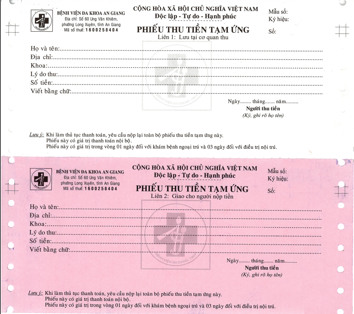 Mẫu phiếu thu tiền tạm ứng