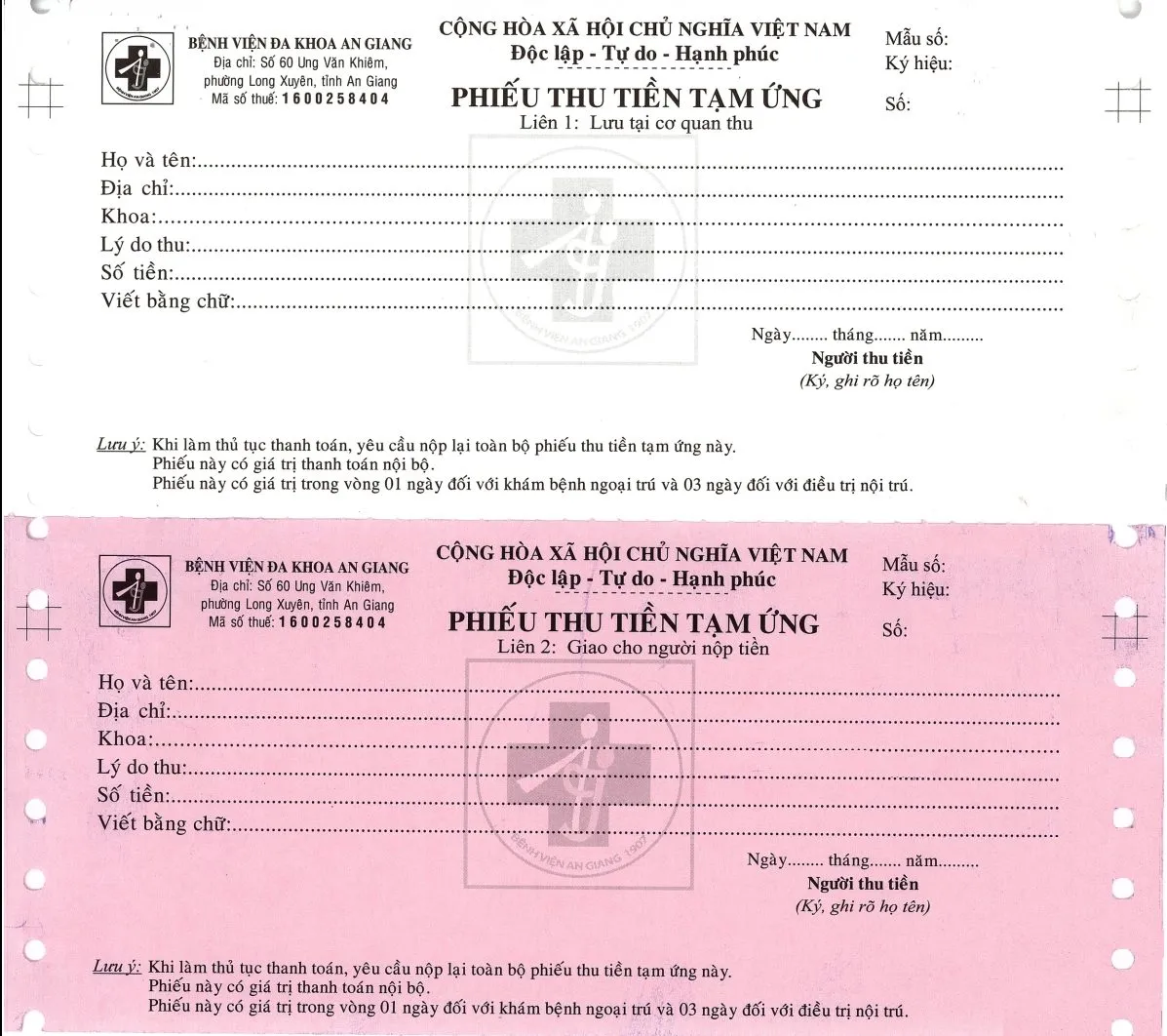 Mẫu phiếu thu tiền tạm ứng